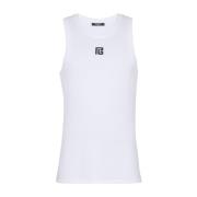 Balmain Vit Jersey Broderad Logotyp Ärmlös Topp White, Herr