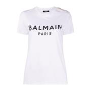 Balmain Tryckt T-shirt med 3 knappar White, Dam