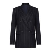 Brunello Cucinelli Blå Pinstriped Dubbelknäppt Blazer Jacka Blue, Dam