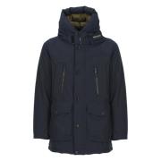 Woolrich Blå Bomullsblandad Parkas med Logohuva Blue, Herr