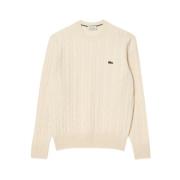 Lacoste Klassisk Kabelstickad Rund Hals Tröja Beige, Herr