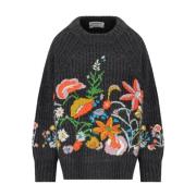 Essentiel Antwerp Mörkgrå Blommig Crewneck Jumper Multicolor, Dam