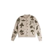 Baziszt Handgjord Shroom Beige Cardigan med Naturmotiv Beige, Herr