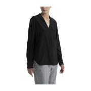 Peserico V-ringad silke crepe de chine blus Black, Dam