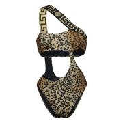 Versace Leopardmönstrad One Shoulder Baddräkt Brown, Dam