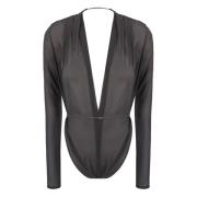 Saint Laurent Svart V-ringad bodysuit med transparens Black, Dam