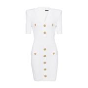 Balmain Vit Stickad V-ringad Klänning med Guldtonsknappar White, Dam