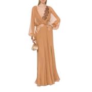 Alberta Ferretti Lång Chiffong Spetsklänning Beige, Dam