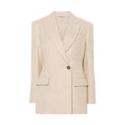 Brunello Cucinelli Beige Ylleblandning Jacka Peak Revers Beige, Dam