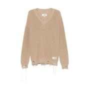 MM6 Maison Margiela Beige Distressed Sweater med Signatur Motif Brown,...