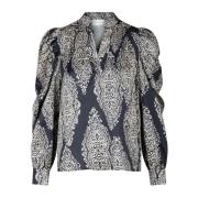 Neo Noir Elegant Paisley Drop Blouse Navy Blue, Dam