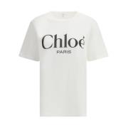 Chloé Monogram Bomull T-shirt med Crew Neck White, Dam