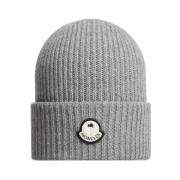 Moncler Ullstickad Logo Patch Beanie Mössa Gray, Unisex