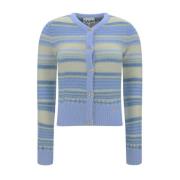 Ganni Randig Merinoull Cardigan med Ribbad V-ringning Blue, Dam