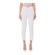 Elisabetta Franchi Ivory Slim Fit Byxor med Gyllene Logodetalj Beige, ...