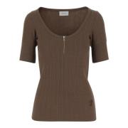 Patou Logo Stickad T-shirt med Dragkedja Brown, Dam