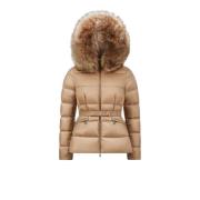 Moncler Beige Dunjacka med Shearling Trim Beige, Dam