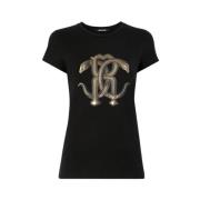 Roberto Cavalli Ormtryck bomullst-shirt Black, Dam