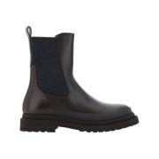 Brunello Cucinelli Lder Ankelboots med Elastiska Detaljer Brown, Dam