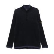 Stone Island Blå Ribbstickad Tröja Med Ståkrage Blue, Herr