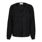 Cream Elegant Pitch Black Blus med V-ringning Black, Dam