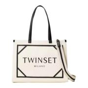 Twinset Canvas Shopper Väska med Logotyptryck Beige, Dam