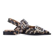 Ganni Leopard Satin Ballerina med Slingback Straps Multicolor, Dam