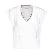 Brunello Cucinelli Elegant V-ringad Stickat White, Dam