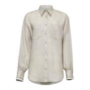 Brunello Cucinelli Elegant Button-Up Skjorta med Broderi Beige, Dam