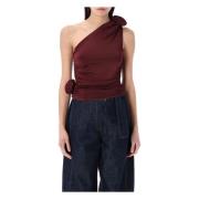 Magda Butrym Burgundy One-Shoulder Topp med 3D Ros Detalj Red, Dam