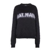 Balmain Logo Mohair Pullover Rund Hals Black, Dam