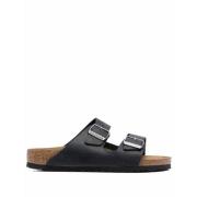 Birkenstock Svarta Lädersandaler Dubbel Spänne Slip-On Black, Herr