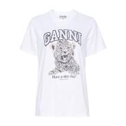 Ganni Leopard Avslappnad T-shirt White, Dam