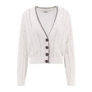 Brunello Cucinelli Linne V-ringad Cardigan med Paljetter White, Dam