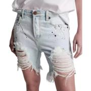 One Teaspoon Boyfriend Denim Shorts Med Fransad Kant Blue, Dam