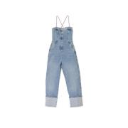 Moschino Denim Cargo Jumpsuit med Rosa Dragsko Blue, Dam