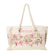 Twinset Canvas Shopper Väska med Fransade Kanter Beige, Dam