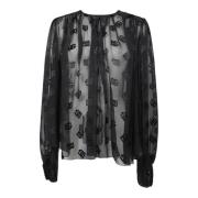 Dolce & Gabbana Genomskinlig Voile Blus med Monogramtryck Black, Dam