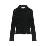 MSGM Blommig halvtransparent skjorta med spetskrage Black, Dam