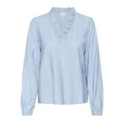 Kaffe Feminin Chambray Blus med Volang Blue, Dam