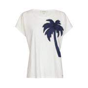 Marie Méro Vit Palm Tree Broderad T-shirt White, Dam