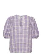 Seersucker Check V-Neck Blouse Purple Ganni