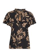 Floral Linen-Blend Jersey Tie-Neck Top Black Lauren Ralph Lauren