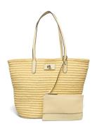 Leather-Trim Straw Large Brie Tote Bag Yellow Lauren Ralph Lauren