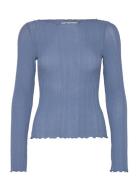 Ribbed Long Sleeve Lettuce Hem Top Blue Monki