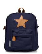 Back Pack, Navy With Leather Star Ryggsäck Väska Blue Smallstuff