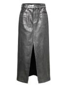 Long Foil Denim Skirt Knälång Kjol Black Mango