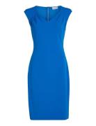 Scuba Crepe V Neck Drape Dress Knälång Klänning Blue Calvin Klein