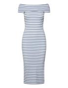 Striped Off-The-Shoulder Midi Dress Knälång Klänning Blue Lauren Ralph...
