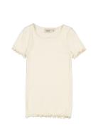 Rib T-Shirt Lace Ss Tops T-shirts Short-sleeved Cream Wheat
